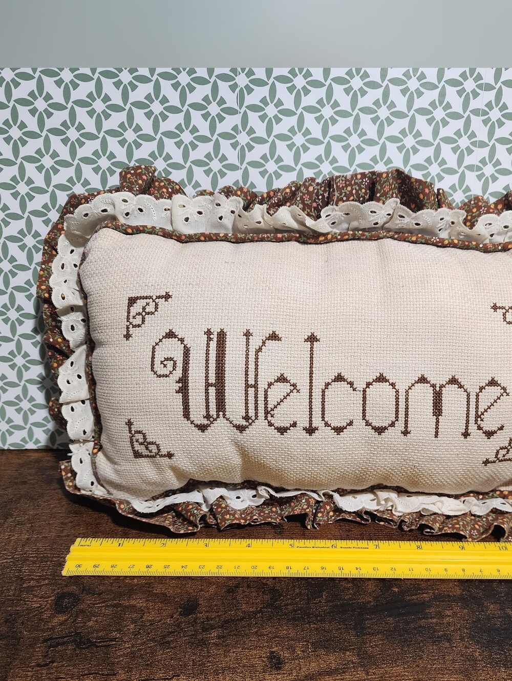 Vintage Welcome Accent Pillow - Brown Cross Stitch on Cream
